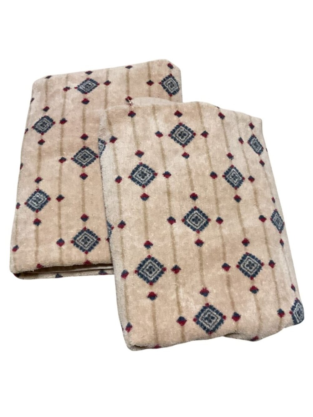 Vtg Burlington Beige & Blue Diamond Pattern Bath Towels Made In USA Set Of 2